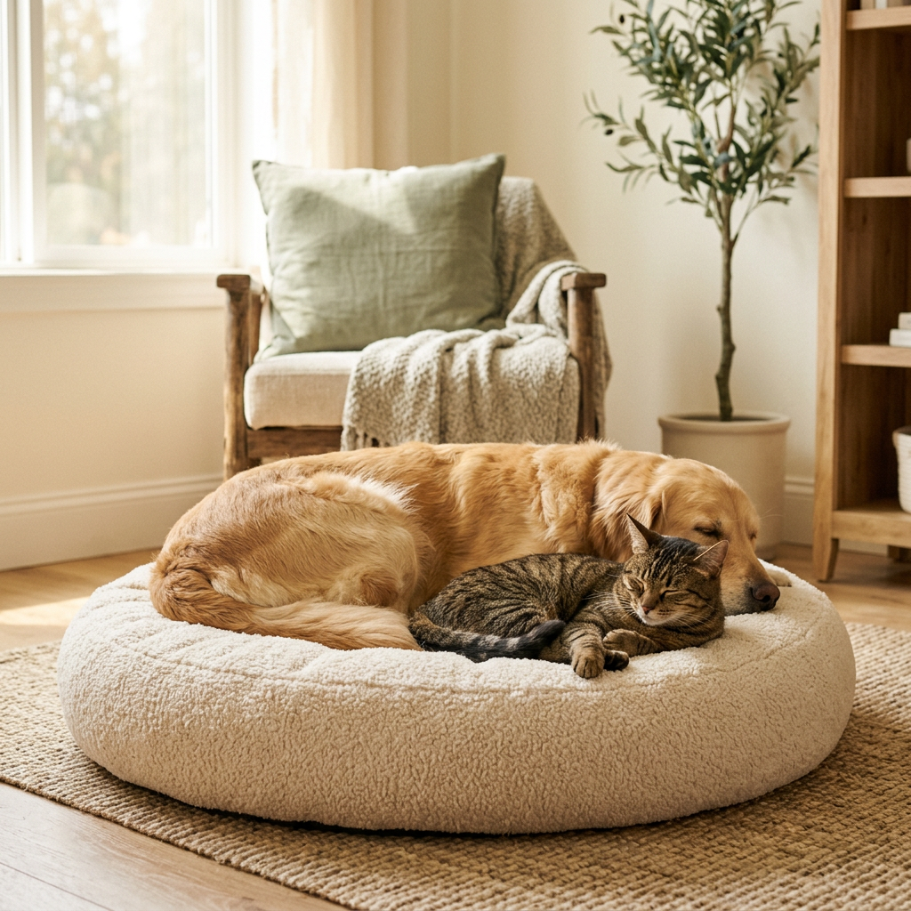 Cosy dog-and-cat lifestyle photo for Paw & Parcel