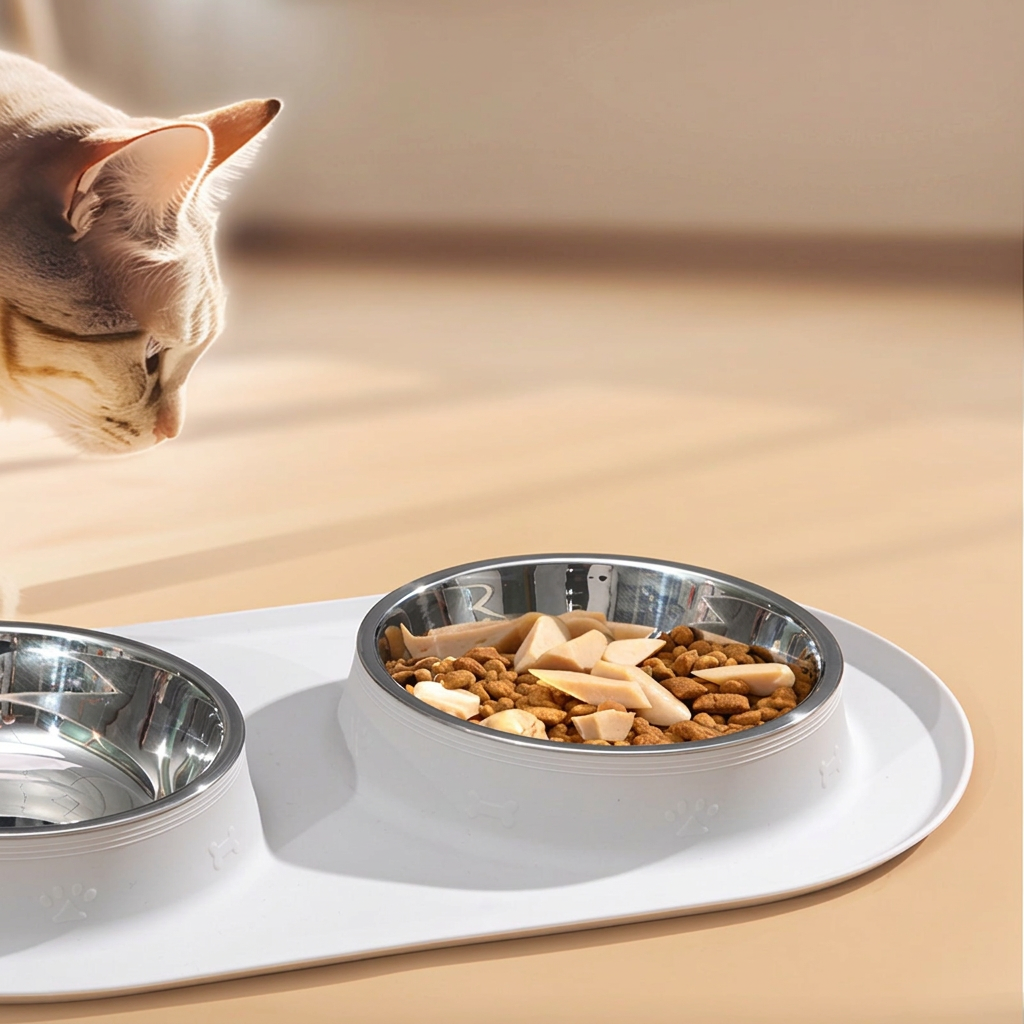 Silicone Pet Feeding Mat with Stainless Steel Bowls