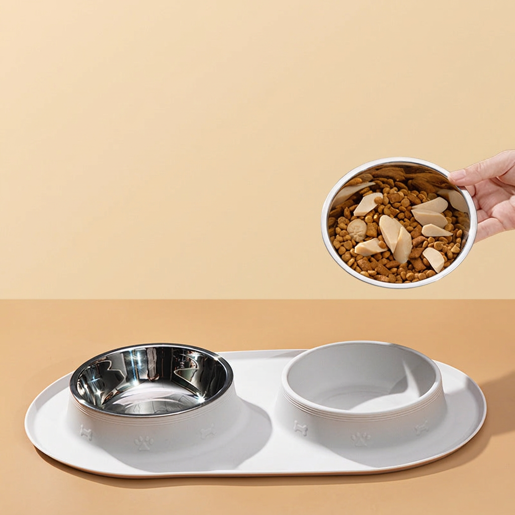 Silicone Pet Feeding Mat with Stainless Steel Bowls