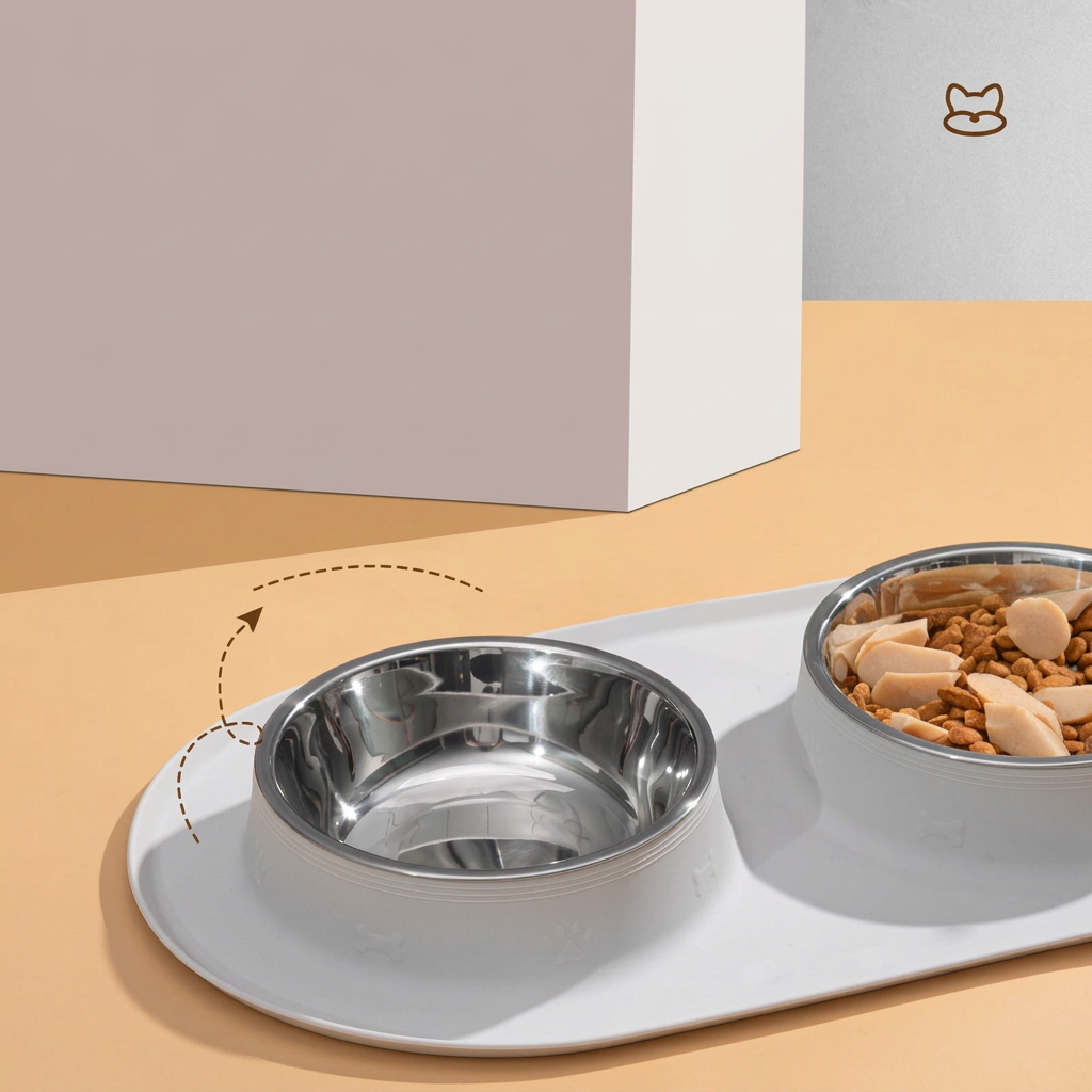 Silicone Pet Feeding Mat with Stainless Steel Bowls